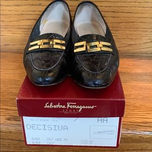 Women’s size 7 black crocodile Ferragamo loafers